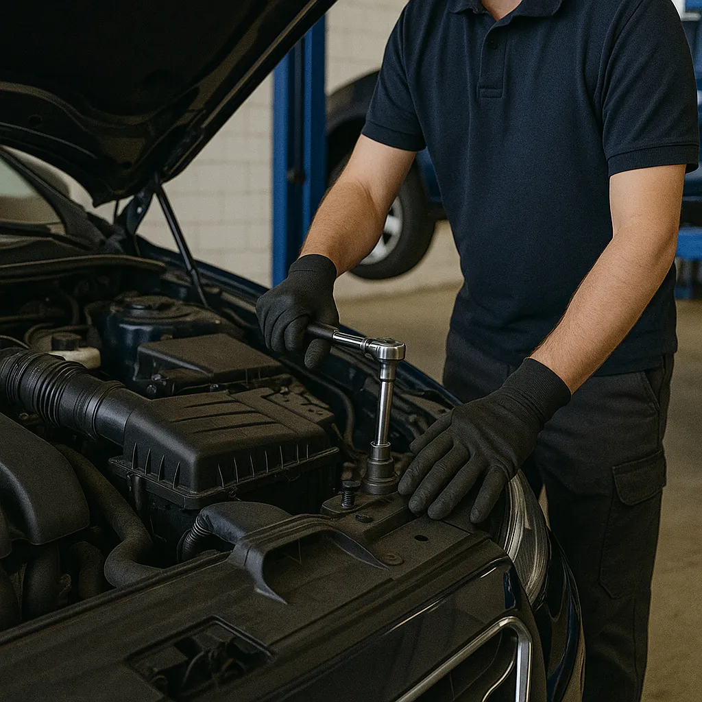 Mechaniker bei der Arbeit im Motorraum